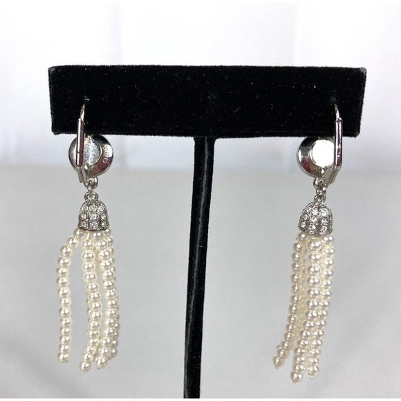 Faux Pearl Drop Dangle Pave Stones Pierced Earrings Lever Back Closure - Picture 7 of 7